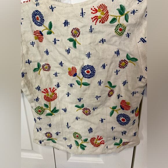 VTG 1960s FLORAL CREWEL EMBROIDERY CREAM LINEN CHILDREN HANDMADE BLOUSE TOP SZ S - Picture 8 of 14